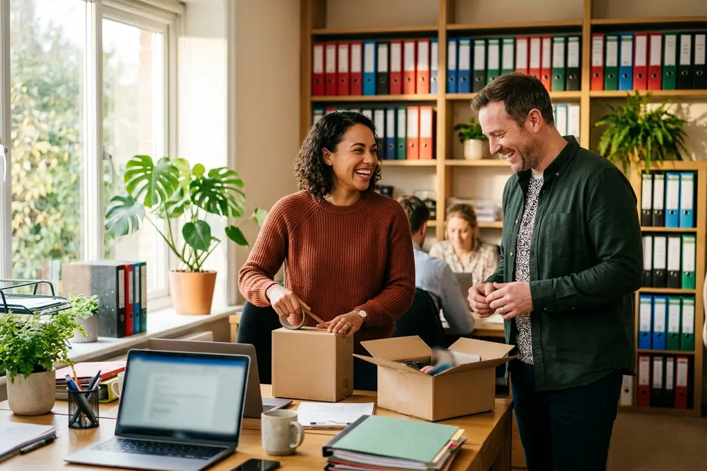 Accountant leaving practice for industry, packing a desk in a UK office
