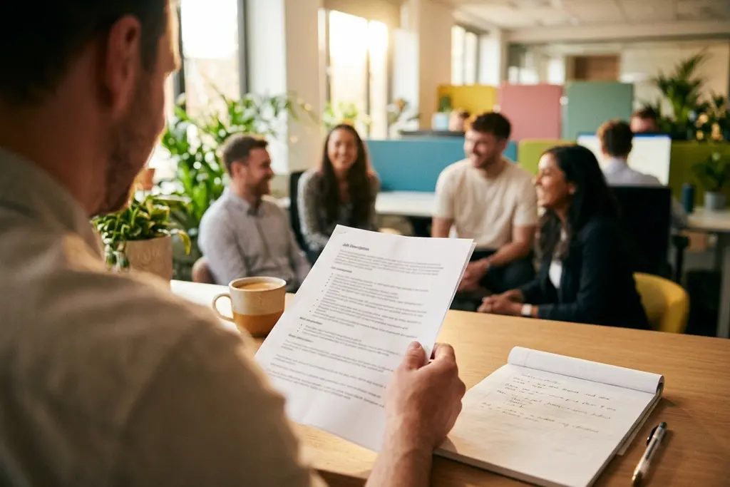Job seeker reading a printed job advert beside a notepad of questions