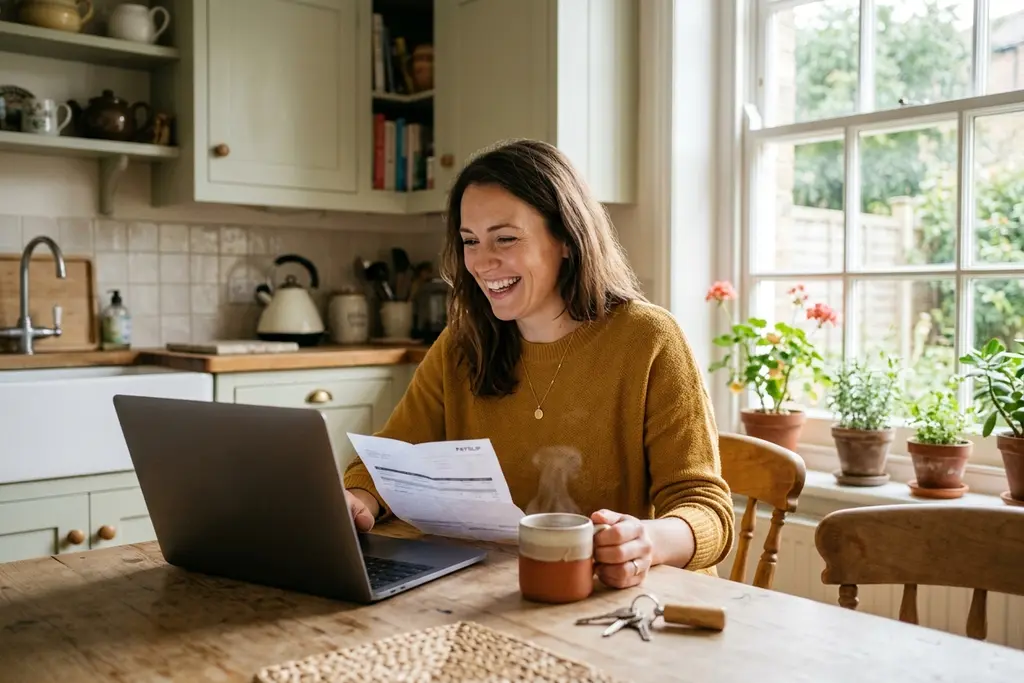 Person at a kitchen table comparing a payslip against a job advert on a laptop