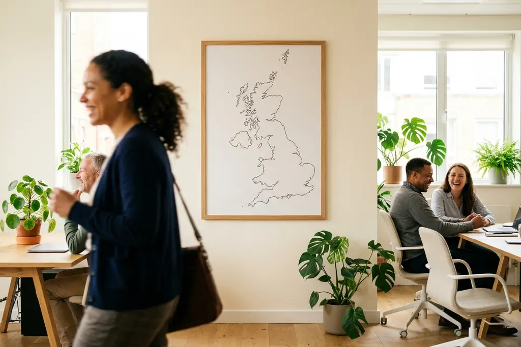 Unlabelled map of Great Britain on an office wall with people working nearby