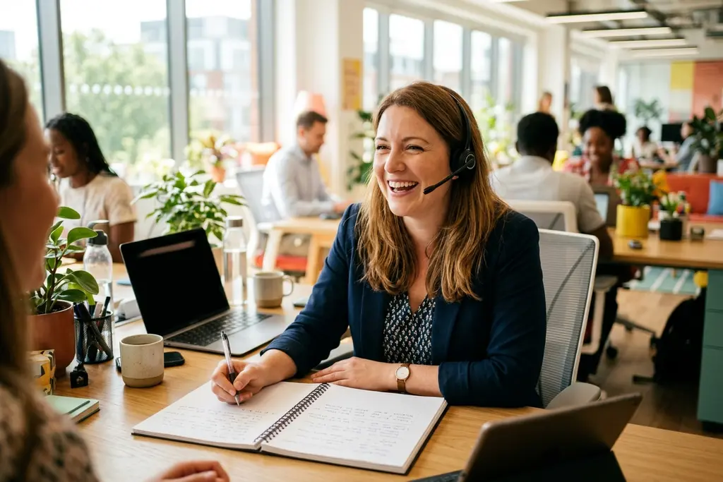 Business development manager on a sales call at a desk with an open notepad