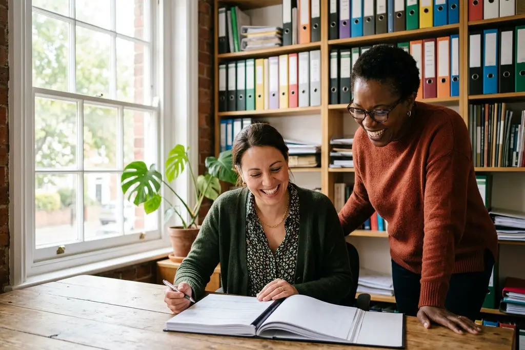 Chartered accountants reviewing statutory accounts together in a UK practice