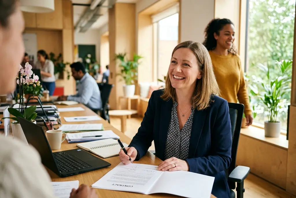 Commercial manager working through a contract at a desk in a UK office