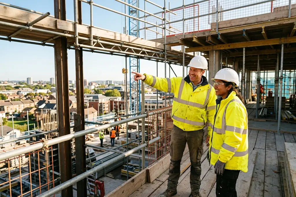 Construction site manager checking progress on a UK building site