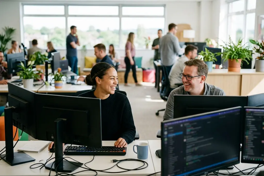 Cyber security analyst monitoring systems at a multi-screen desk in the UK