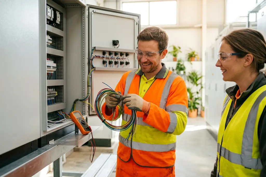 Electrical engineer working on a control panel at a UK industrial site