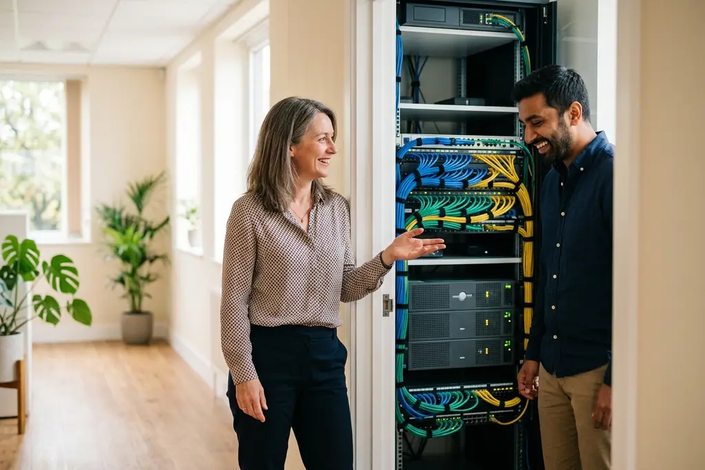 IT manager and engineer working at a server rack in a UK office