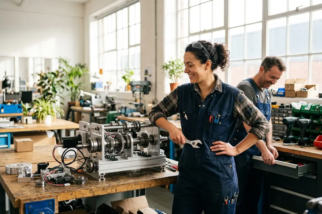 Mechanical engineer working on a machine assembly in a UK workshop