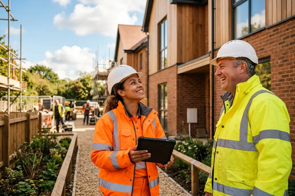 Quantity surveyor measuring completed works on a UK construction site