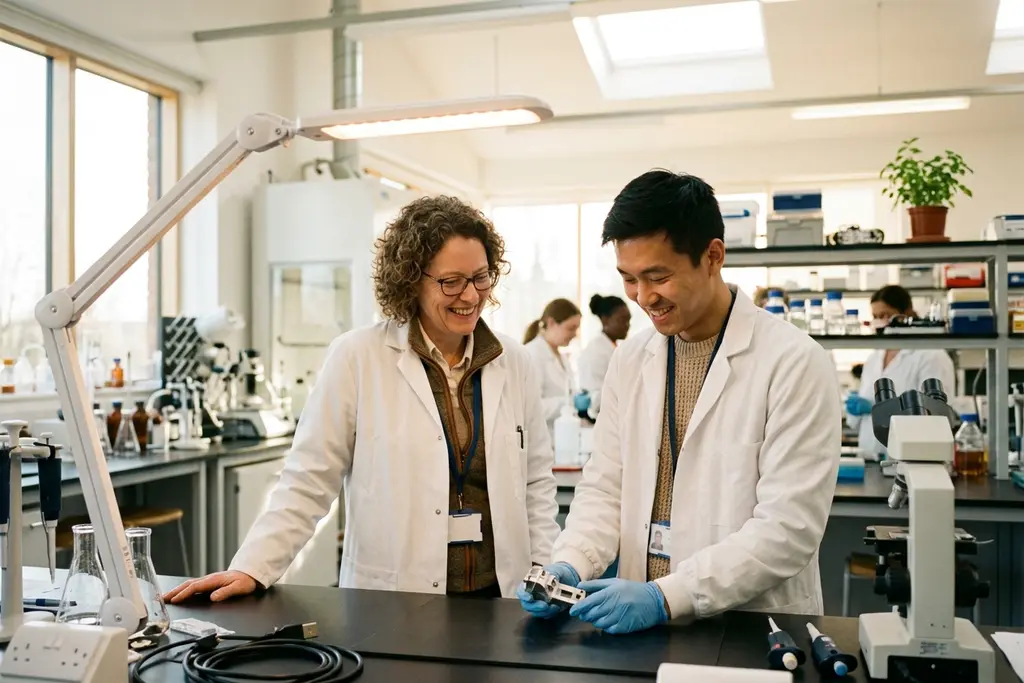 Research and development manager reviewing a prototype with a scientist in a UK lab