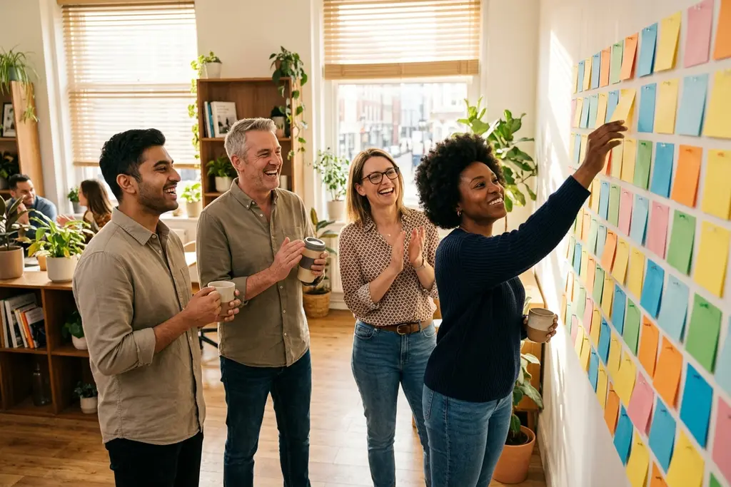 Project team at a stand-up meeting around a planning wall in a UK office