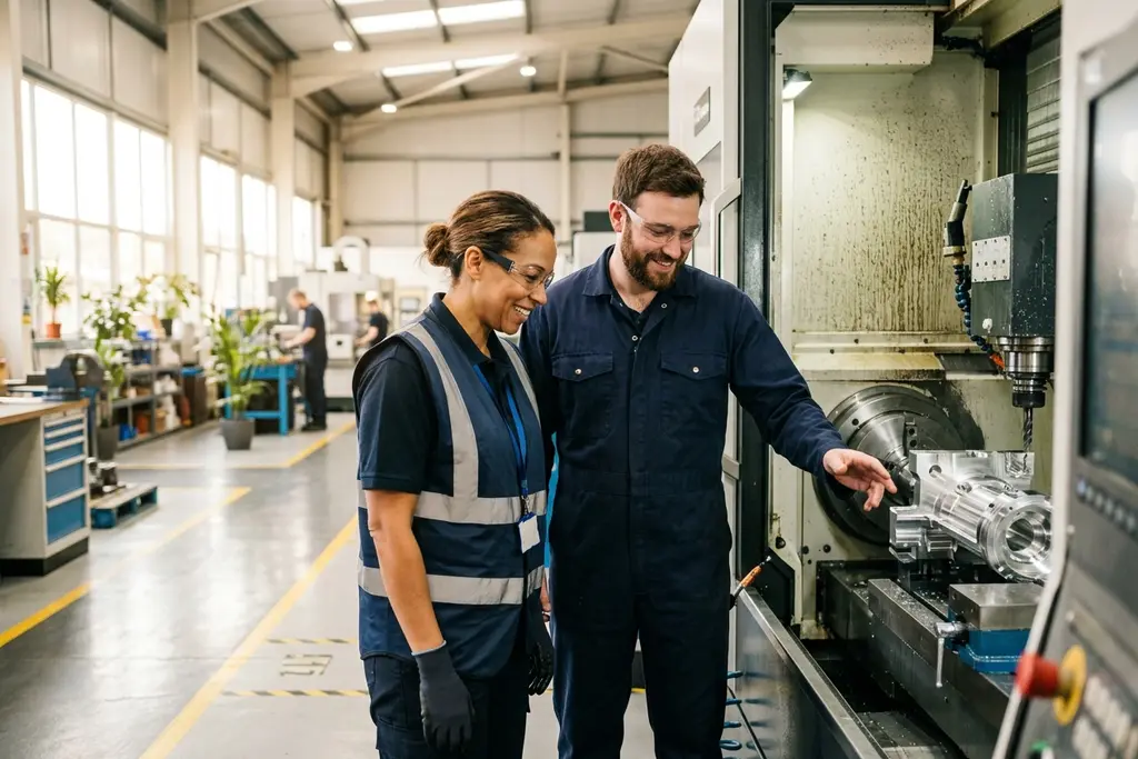 Production manager and engineer inspecting a machine on a UK factory floor